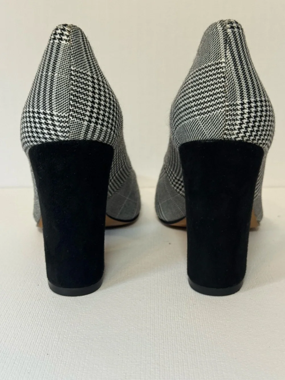 Vince Camuto Plaid Block Heel Pumps Size 6.5 Black White Glen Plaid Pointed Toe